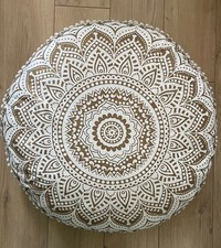 Mandala Boutique Floor Round Cushion Gold & White Organic Cotton 65 x 65 x 20cm