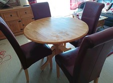 Round Solid Wood Dining Table with 4 Red Leather Chairs