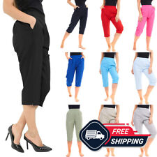 Ladies Womens Half Elasticated Waist 3/4 Three Quarter Cropped Trousers UK 8-24