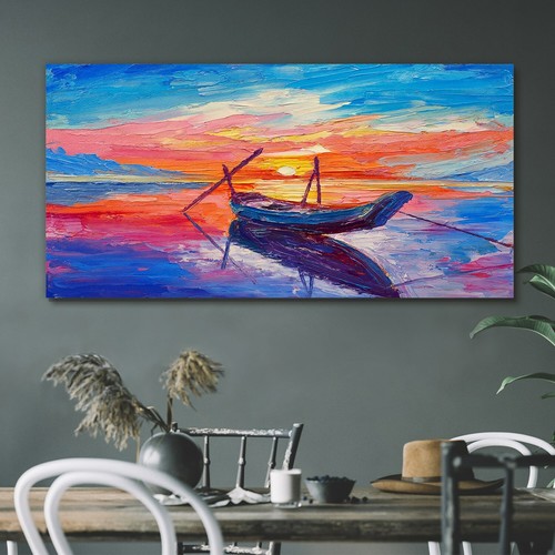 Oil painting boat - painting, sunset
