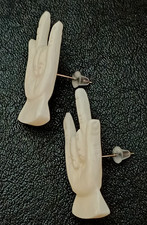 Hand carved domestic cow bone (Bos Taurus) Devil Hands earrings 23 mm Halloween