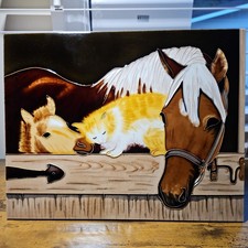 Benaya art tile plaque ceramics horses and cat in barn