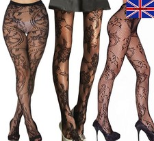 NEW Black Patterned Fishnet Tights Lace Floral  Pattern Womens Hosiery UK 6-16