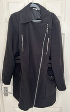 Red Herring Black Warm Long Coat Jacket Size 18 Zip Military Trench