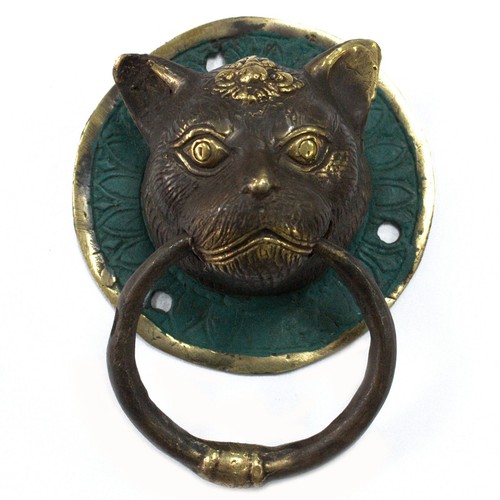 Brass door knocker cats head - door,