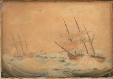 Naval Ships At Sea - Watercolour Painting - Late 18th / Early 19th Century