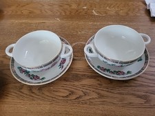Pair Bridgwood Maddock Soup Cups & Saucers Vintage Floral Ironstone
