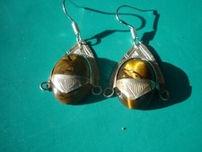 SILVER Niger Tuareg TIGERS EYE oval earrings + silver hooks L22 mm