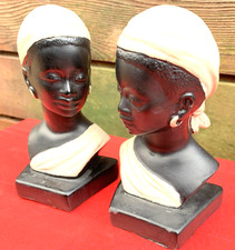 Vintage bookends Duron black chalkware Reg 886944 1957 women busts rockabilly