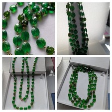 Vintage Emerald Green Gold Tone Ornate Spacers Long Necklace L 50" 44g Rare