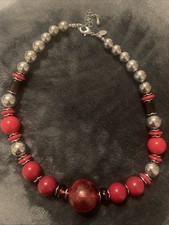 M&S Chunky Short Beaded Red and Silver Necklace Statement Costume Jewellery