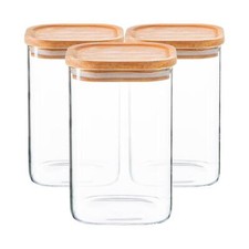 3x Square Glass Storage Jars with Wooden Lids Kitchen Food Canister 1.1 Litre