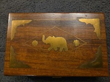 Vintage Indian Wooden Box With Brass Inlay Indian Elephant Measures 15cm Wide.