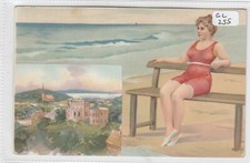 GLAMOUR / SEASIDE Woman in Red  Bathing Costume  on Bench / View Insert  