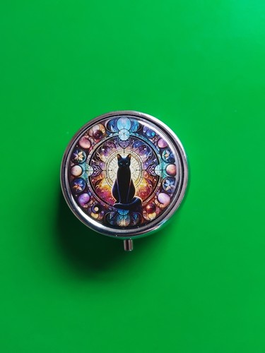 Metal pill box featuring cat - pill,