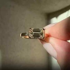 Semi Bezel Emerald Cut Moissanite East West Set Engagement Ring 9Ct Yellow Gold