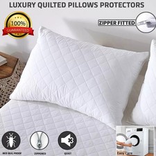 Pack of 4 Luxury Quilted Zipped Pillow Protectors Soft Pillow Pairs White Cover