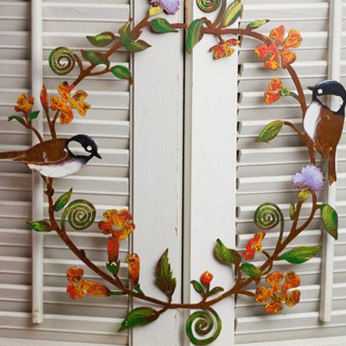 Metal bird floral wreath wall - floral,
