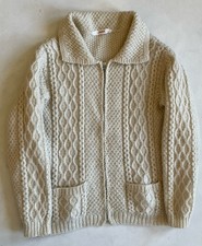 Vtg 1950s 60s Womens Handknitted Cableknit Aran Wool Zip Up Cardigan