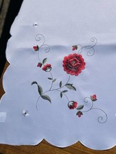 Shabby Chic Tablecloth Embroidered Red Flowers ideal Christmas decor 52x52 inch 