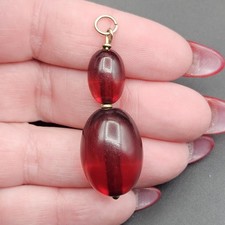 Antique Real Gold & Bead Cherry Amber Bakelite Two Bead Pendant 5.5g