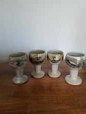 Vintage Sea And Countryside Scene Stoneware Goblets By Geraldine Hughes X4
