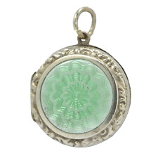 Antique Green Guilloche Enamel & Silver Locket Necklace