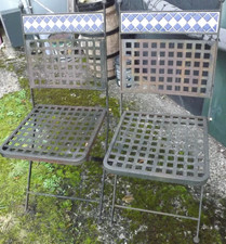 Metal Folding Patio Garden Chair Salterini Style Blue Tile Circa 1950s