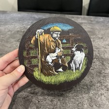 Old Welsh Slate Trivet Tea Pot Stand With Farmer & Sheepdog Farmhouse Decor