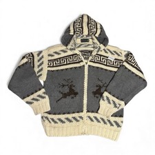 Chunky Cowichan-Style Reindeer Knit Zip Hoodie – Light Blue & Cream – Size L