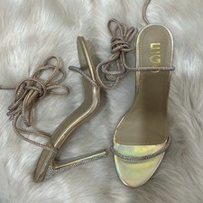 Pre-Owned Gold Strappy Rhinestone Lace-Up Heels – Size 6