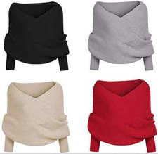Women V Neck Wrap Top Chunky Cable Knitted Jumper Crop Sweater Shawl Scarf