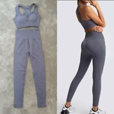 Women Seamless Gym Bra & Leggings Set Workout Fitness Suit Grey UK 14-16 Large