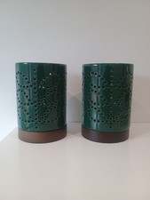 2 x Orla Kiely Ceramic Candle Lantern Wooden Base Linear Stem Evergreen Green