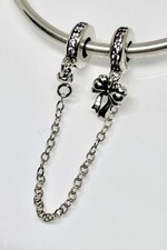 Vintage Bow Safety Chain Spacer Charm Bead Genuine 925 Sterling Silver Gift
