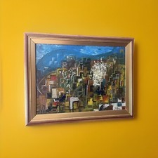 Signed Framed 1962 Abstract Oil Painting On Board 18” x 24” Cityscape