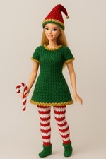 Knitting Pattern Only-  Barbie Christmas Festive Elf Dress Outfit Gown Hat