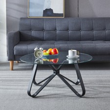 Modern Tempered Glass Sofa Side End Table Round Coffee Tables w/ Black Metal Leg