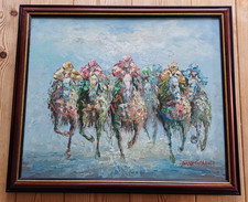 1960s horse racing oil painting. Signed Marie Charlotte