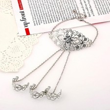 Vintage Silver Flower Hand Harness Bracelet Slave Chain Link Finger Rings