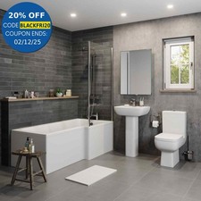 Bathroom Suite Close Coupled Toilet Basin Pedestal L Shape RH Showerbath Screen