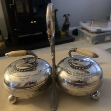 Antique silver plated Curling stones novelty cruets engraved FETTES COLLEGE 1883