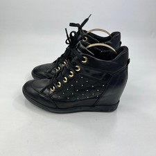 Geox Respira Women's Black Leather Wedge Trainers UK 5 Gold Eyelets Casual
