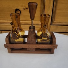 Vintage Amber Glass Oil Vinegar Cruet Set Wooden Carrier With Salt/Pepper 