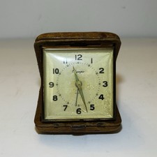 Vintage Travel Alarm Clock Mechanical Wind-Up Great Britain Sheepskin Leather
