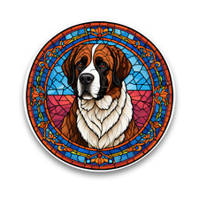 Cute St Bernard Puppy Dog Faux Stained Glass Window Opaque Vinyl Sticker Decal