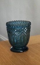Vintage Blue Pressed Glass Footed Candle / Votive Holder/ Toothpick Holder