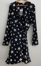 John Zack London Black cream Wrap Dress Size 8 star pattern Polyester NEW womens