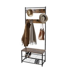 Coat Rack Stand with Shoe Storage Bench 9 Hooks Rustic Brown Entrance Hall