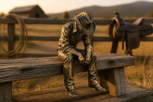 Sad cowboy sitting ledge - sad,